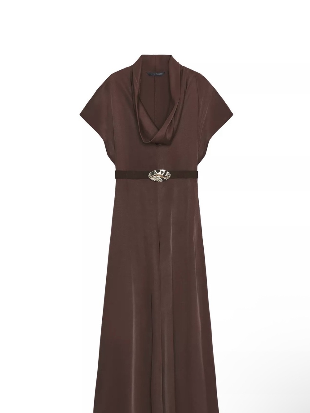 Zara Brown Cowl-Neck Maxi Dress with Buckle Belt